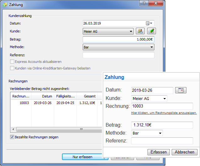 Express Invoice Zahlungsabwicklung Screenshot