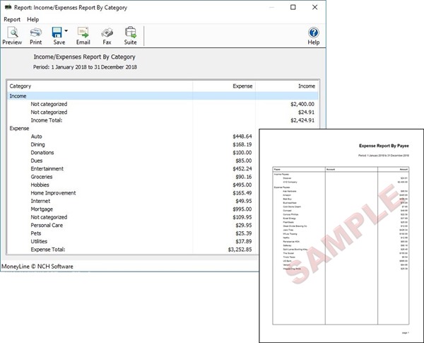 Capture d'écran des rapports dans MoneyLine, logiciel de finances personnelles