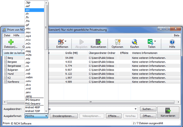 Screenshots mit den Ausgabeoptionen von Prism Video File Converter